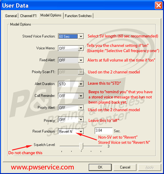 Minitor V programming options