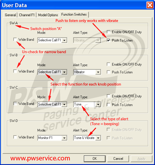 Minitor V pager knob settings